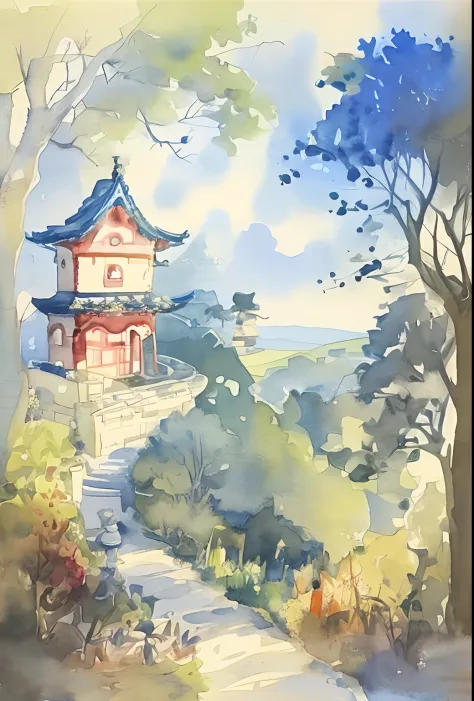 painting of a house in a garden with a pathway leading to it, japan watercolour, watercolor illustration, digital painting of a pagoda, a beautiful artwork illustration, chinese watercolor style, watercolor detailed art, watercolor colored painting, japane...