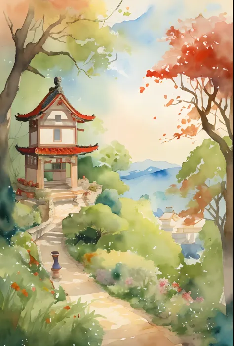 painting of a house in a garden with a pathway leading to it, japan watercolour, watercolor illustration, digital painting of a pagoda, a beautiful artwork illustration, chinese watercolor style, watercolor detailed art, watercolor colored painting, japane...
