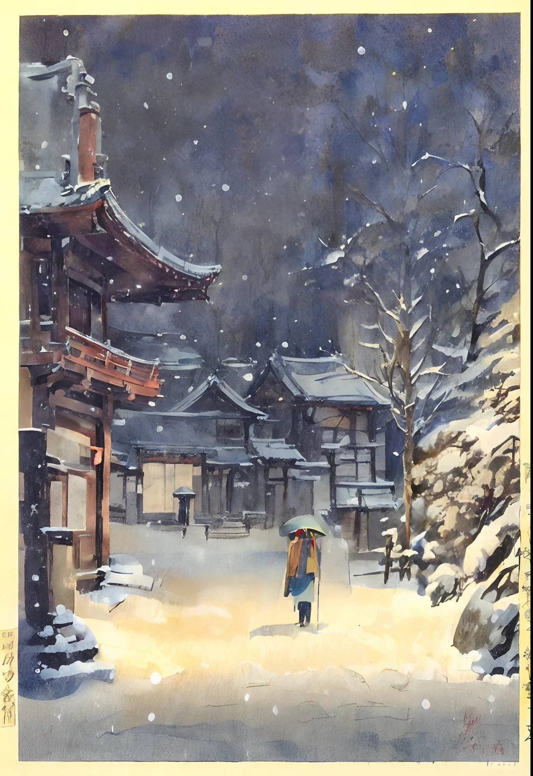 傘をさして雪の中を歩く女性の絵 - SeaArt AI