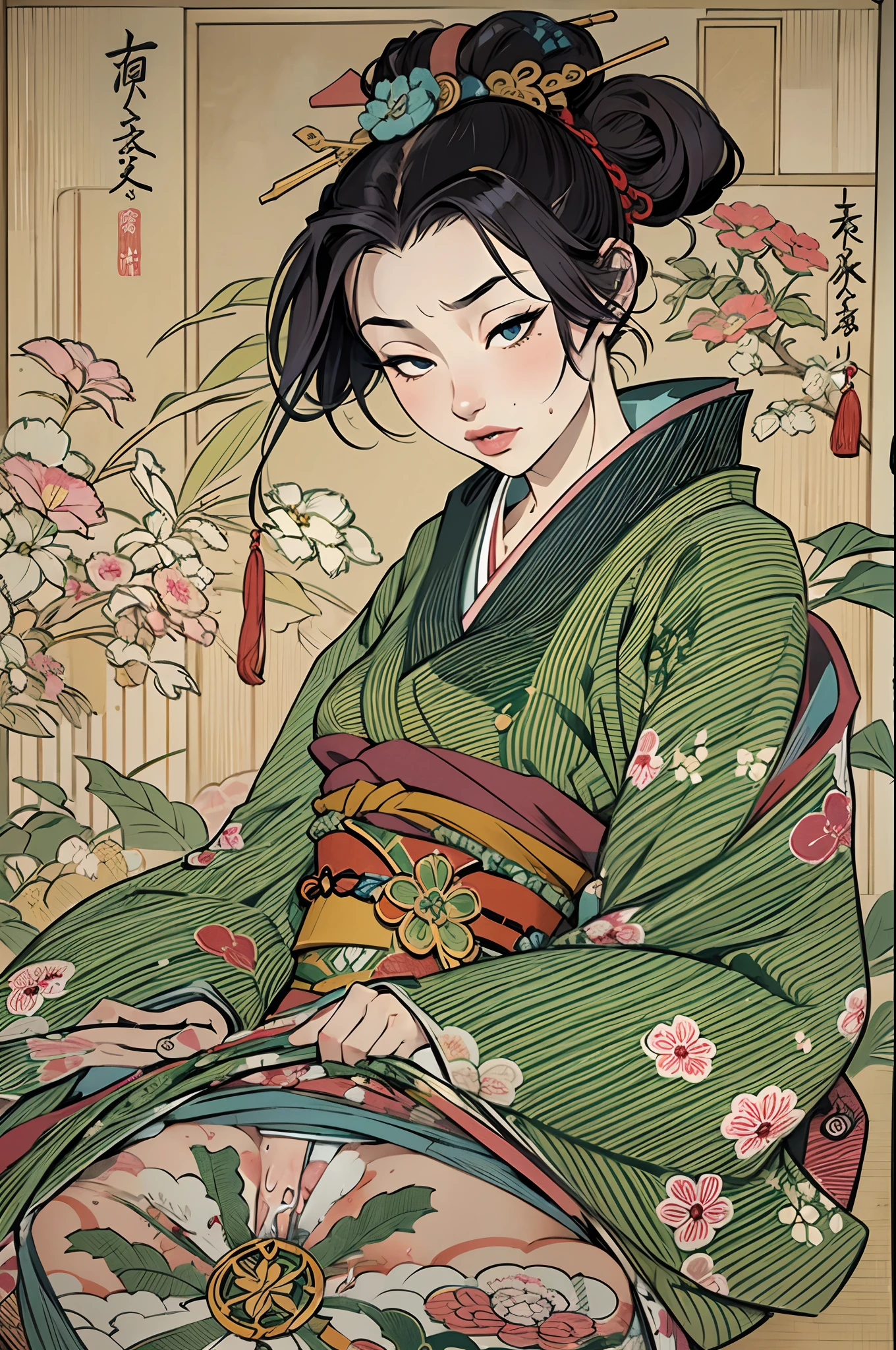 ((NSFW)),Sharaku,여자의 초상화,그녀의 가슴이 보인다.,이미지 중앙에 위치합니다, 사진 전체에 일본식 효과와 장식이 흩어져 있습니다.