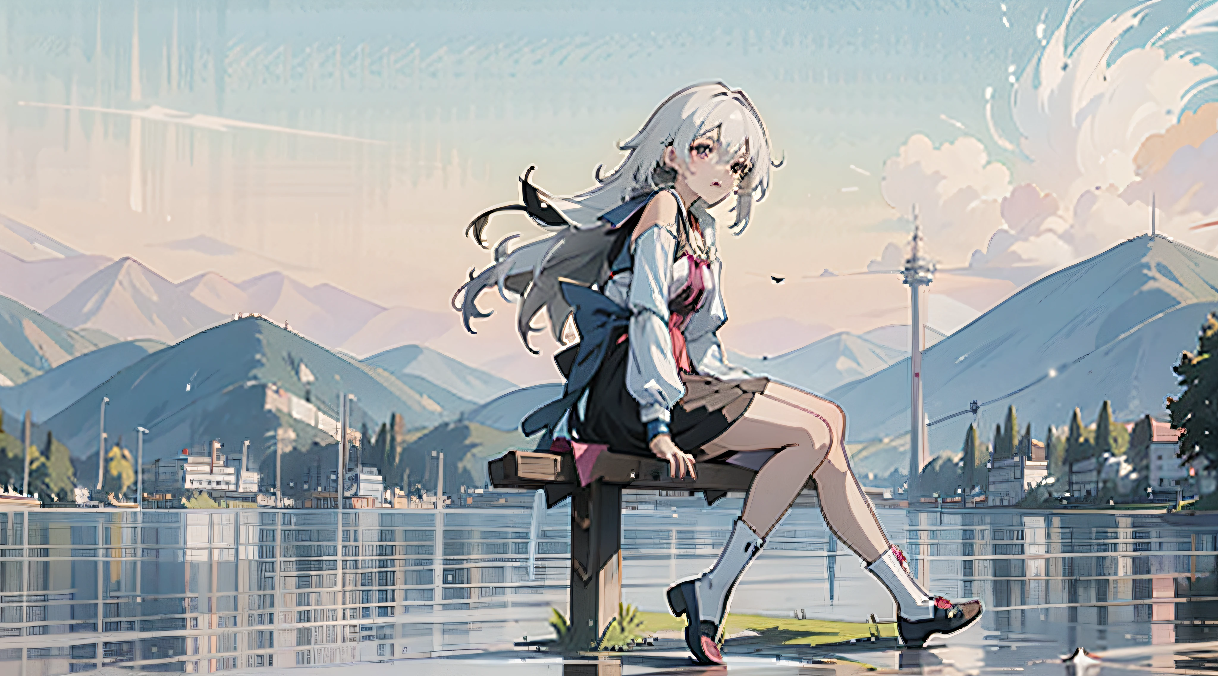 Anime girl sitting on bench，Legs crossed, Best anime 4k konachan wallpaper, style of anime4 K, Girl with white hair, Anime art wallpaper 8 K, Guweiz in Pixiv ArtStation, Anime art wallpaper 4 K, Anime art wallpaper 4k, Guweiz on ArtStation Pixiv, white haired Cangcang, White-haired god