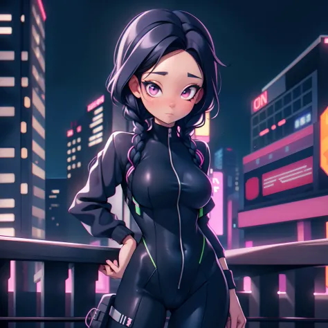 girl, braided black hair, a neon tightsuit, city background