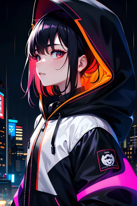ember、a handsome、 Bust Photo, de pele branca、The body is turned to the side、parka、Wearing a hood、Bad smile, relatively white skin, Black hair, Mashed Hair、 Background is a neon city on a rainy night、Wet from rain、Highest Quality、Fashionable、
