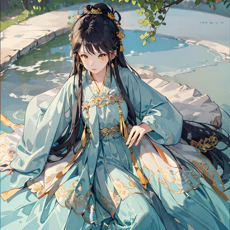 best quality, intricate details, highres,(beautiful detailed water:1.4),(hanfu, tang style),yellow eyes,(1girl in glass jar:1.1),
