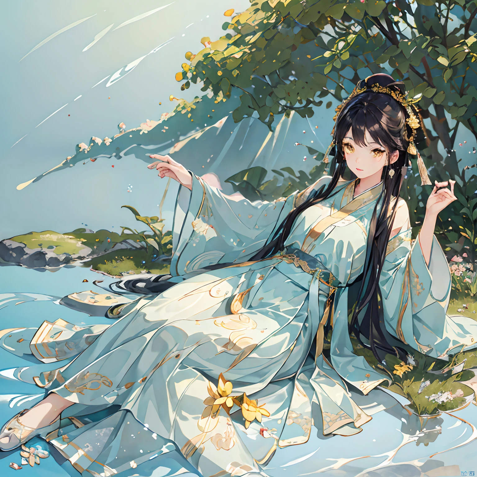 best quality, intricate details, highres,(beautiful detailed water:1.4),(hanfu, tang style),yellow eyes,(1girl in glass jar:1.1),