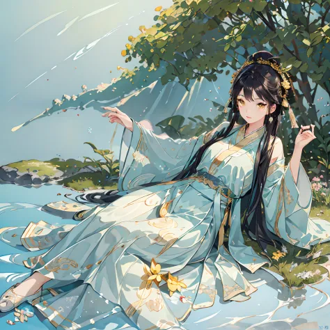 best quality, intricate details, highres,(beautiful detailed water:1.4),(hanfu, tang style),yellow eyes,(1girl in glass jar:1.1)...