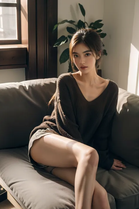 1girl in,Sitting on a cozy sofa,cross one's legs,Soft light