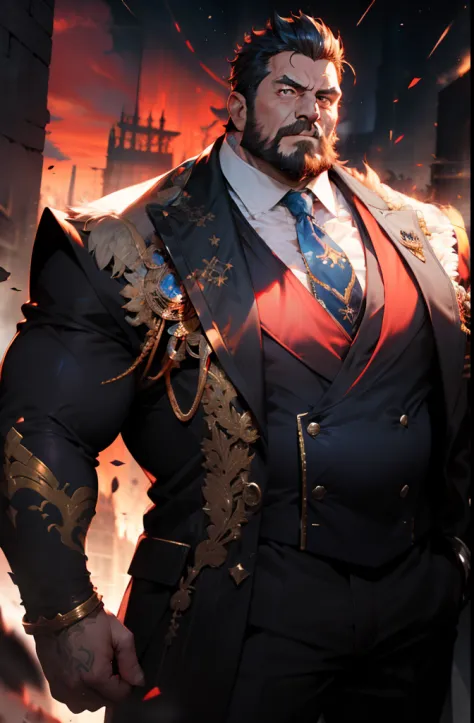 old man, bara,king, thick body,fat,ornate double-breasted suit,long tie,luxury,devil crown,white beard,short white hair,handsome,big chest, sharp gaze, in cage,glowing red eyes,big eyes, big bulge, standing, hide hands behind hip, hd quality, masterpiece, ...