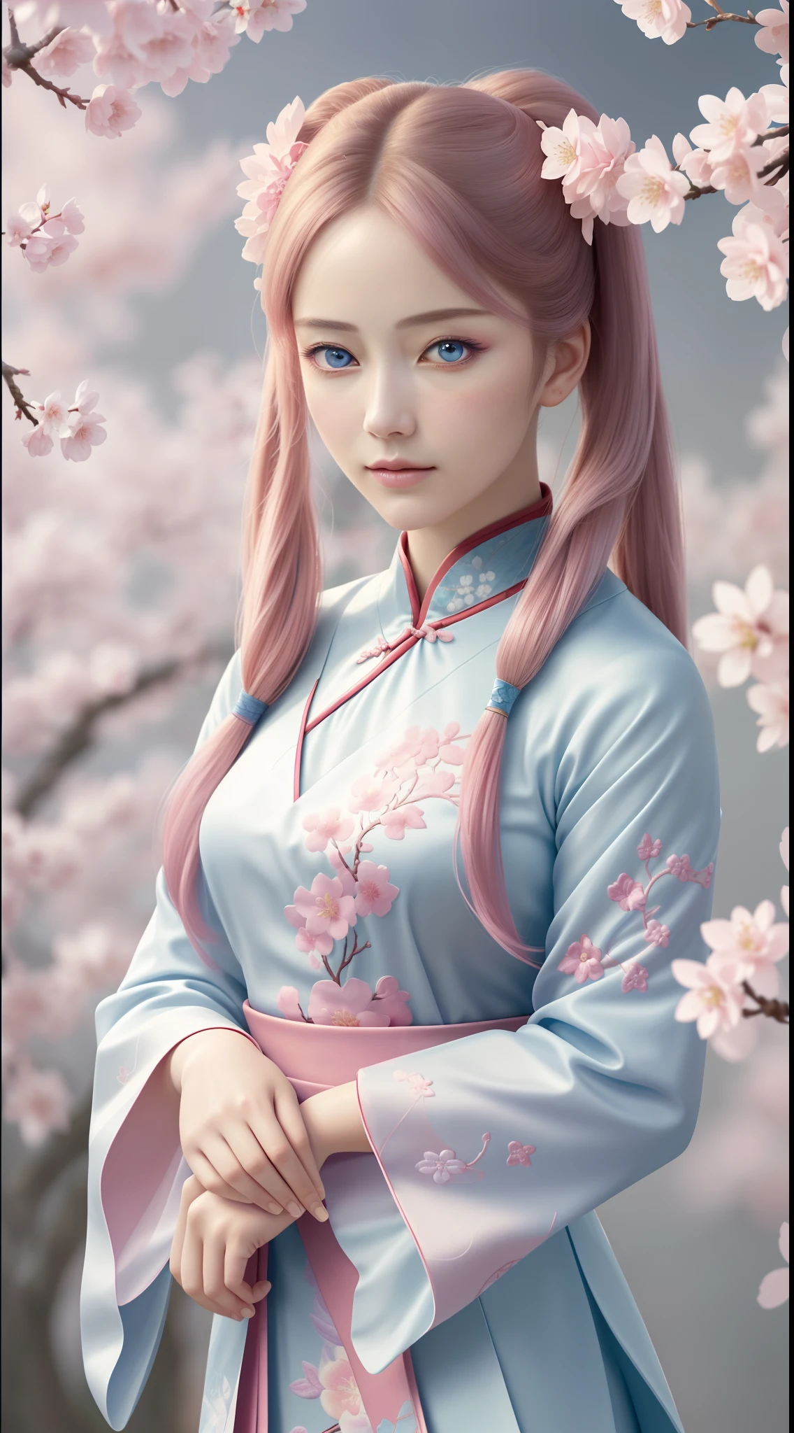 (Best quality,4K,8K,A high resolution,Masterpiece:1.2),Ultra-detailed,(Realistic,Photorealistic,photo-realistic:1.37),Delicate depiction of cherry blossom motif on traditional Chinese gauze dress, Dynamically capture Tai Chi elements, Flowing fabric, vivid vivid colors, Pastel tones, Soft and dreamy lighting, Focus on exquisite craftsmanship, Dynamic movements, Detailed rendering of intricate floral embroidery, Elegant and elegant gesture, Porcelain-like skin, long pink twintails, soft blue eyes, Subtle and flawless makeup, Surreal wallpapers