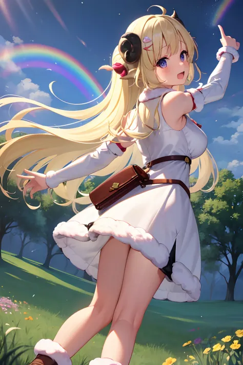 masterpiece, best quality, ulutra detailed, highres, 8k, mysterious rainbow over a peaceful meadow where sheep graze, Tsunomaki Watame, long hair, WatameBase, fur-trimmed dress, white dress, bare shoulders, fur-trimmed sleeves, hairclip, cape, belt pouch, ...
