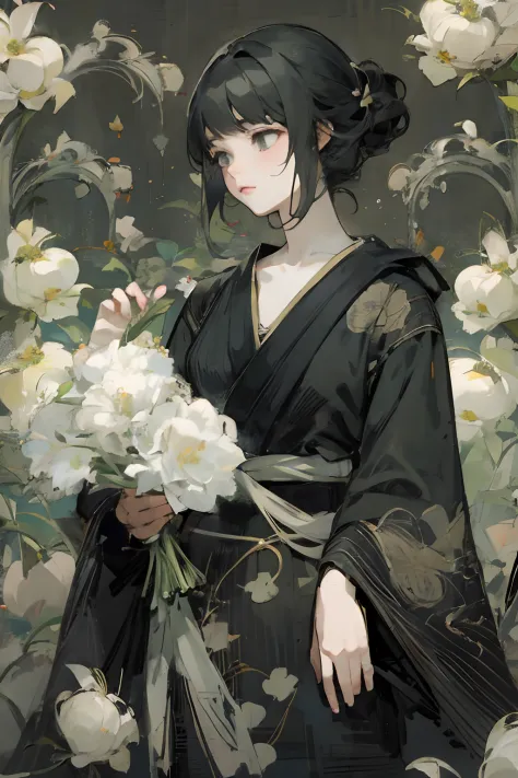 there is a woman holding a bunch of flowers in her hand, digital art of an elegant, with flowers, anime girl wearing a black dre...