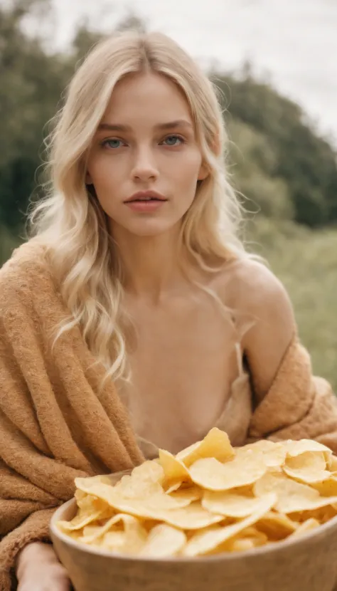 blond woman covering with a blanket of fruits and chips for stock, in the style of olympus xa2, yigal ozeri, oversized objects, manual focus lens, august von pettenkofen, portraitures, nostalgic