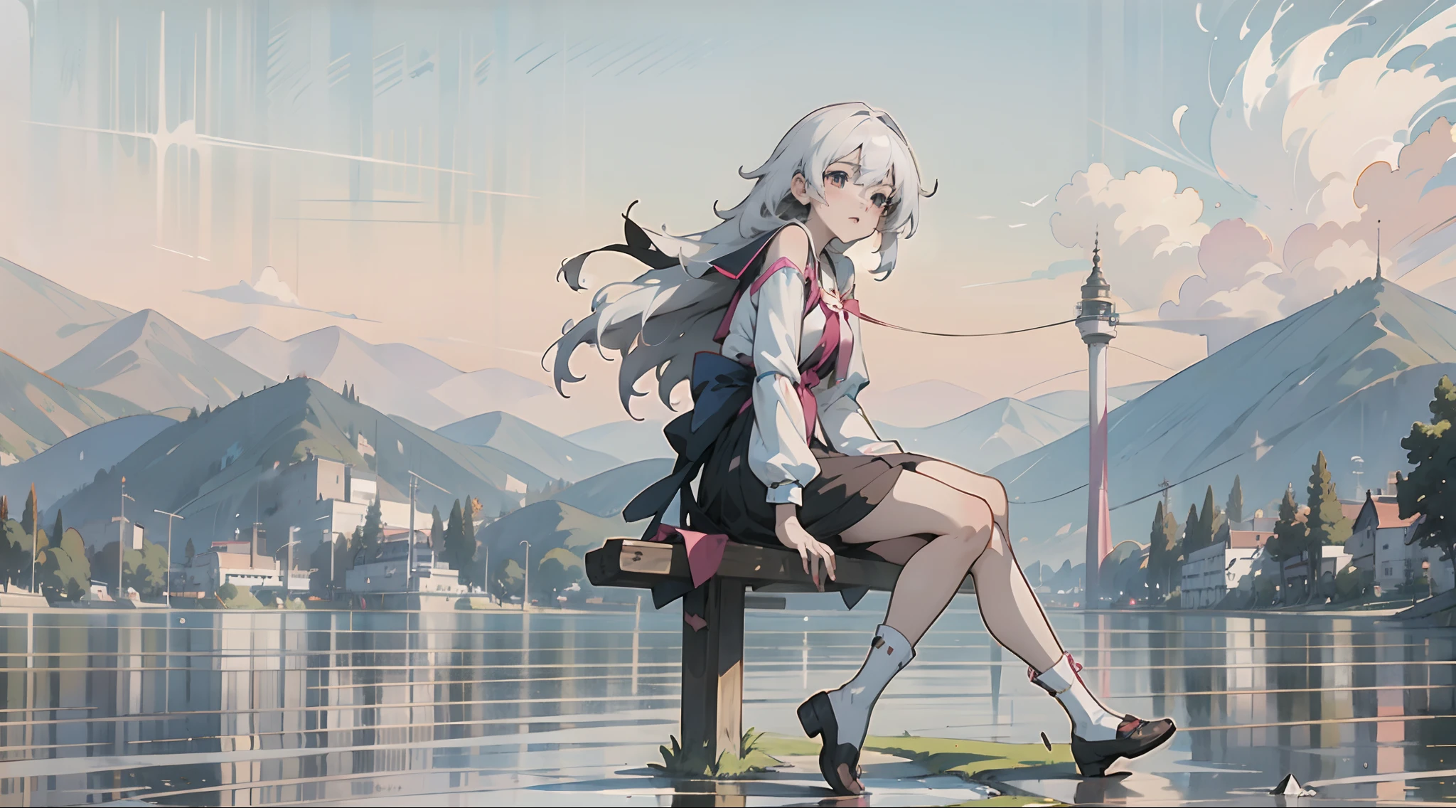 (best quality,4k,anime:1.2),anime girl sitting on a bench with crossed legs, Konachan anime wallpaper, anime style 4K, girl with white hair, anime art wallpaper 8K, artwork by Guweiz on Pixiv, anime art wallpaper 4K, anime art wallpaper 4k, white-haired, divine