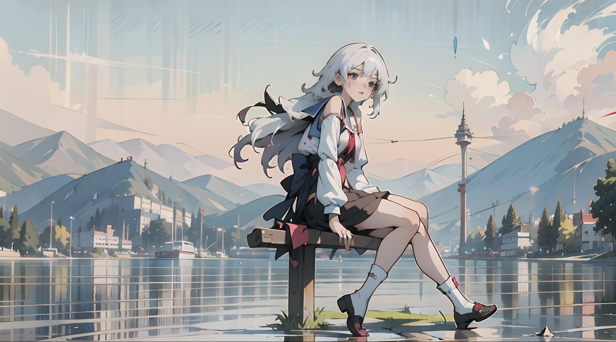 (best quality,4k,anime:1.2),anime girl sitting on a bench with crossed legs, Konachan anime wallpaper, anime style 4K, girl with white hair, anime art wallpaper 8K, artwork by Guweiz on Pixiv, anime art wallpaper 4K, anime art wallpaper 4k, white-haired, divine