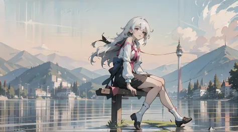 (best quality,4k,anime:1.2),anime girl sitting on a bench with crossed legs, konachan anime wallpaper, anime style 4k, girl with...