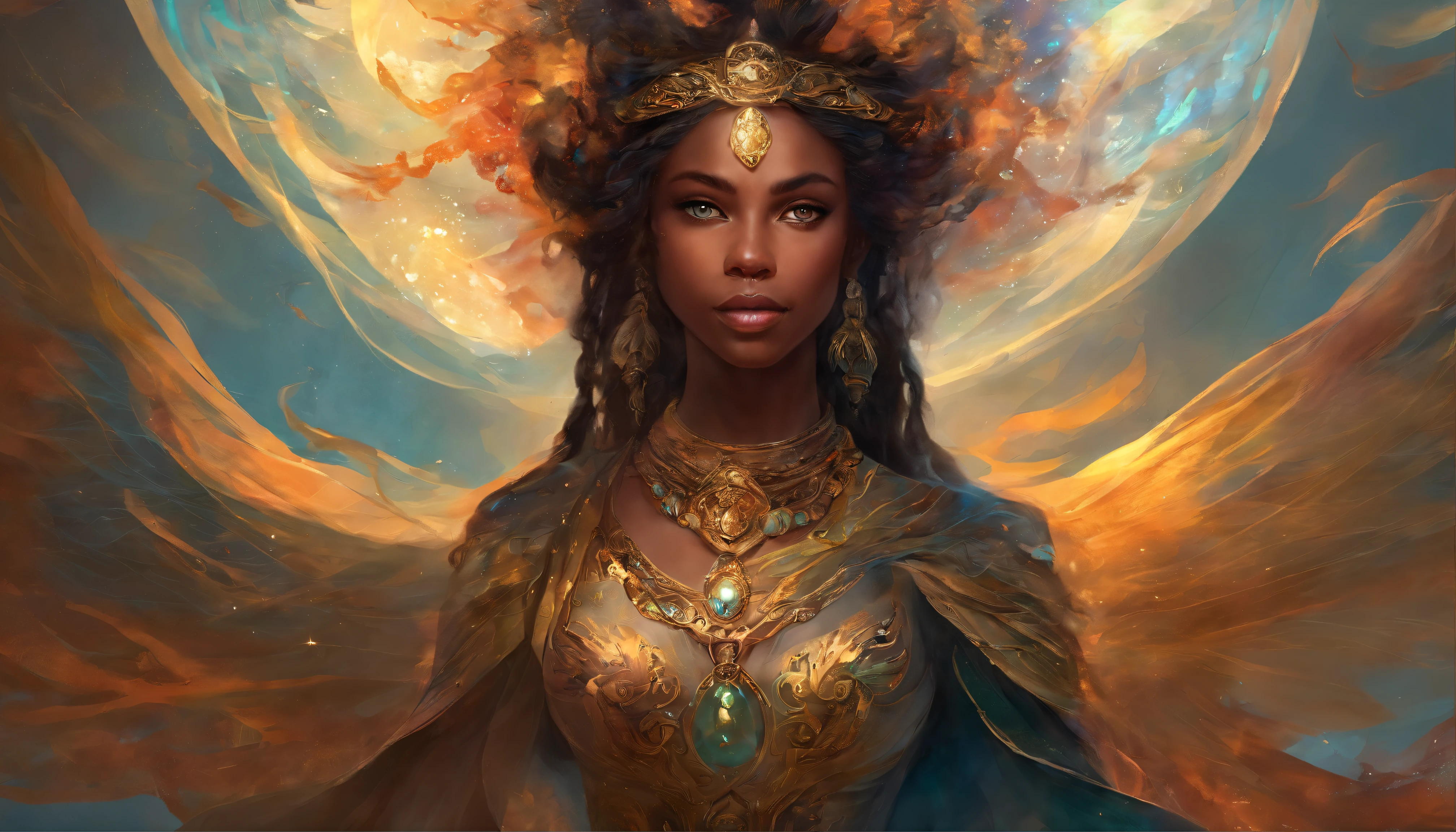 A woman with a golden headpiece and a blue cape - SeaArt AI