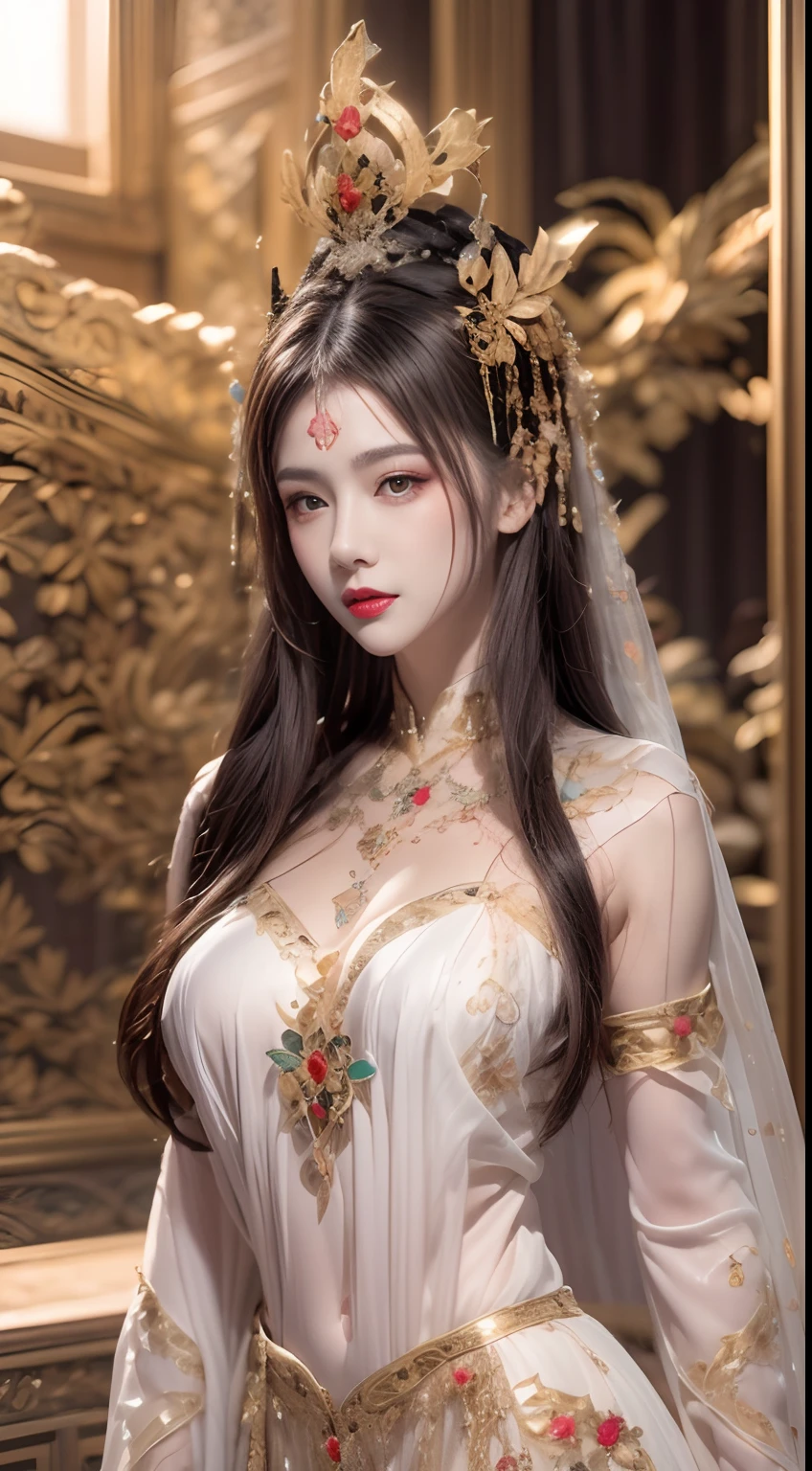 1 beautiful 24-year-old holy woman, naked on the chest, , beautiful face without blemishes, ((Natural smile:1.0)), ((flat bangs:1.2)), (((long hair): platinum:0.8))), big crown, hair brooch, hanfu skirt, fanciful hanfu style, full body jewelry, forehead tattoo, super even breasts, woman's face, face with fine makeup , pretty face, ((even porcelain teeth: 0.8), most beautiful and detailed light red lipstick, huge breasts, super round and balanced, ((Lips plump and thin: 0.3) )), ((Yellow eye color: 1,2), Detailed and delicate lighting effects, light and dark, light impression, magical light, detailed light, true color, super sharp , realistic, 8k quality, fantasy universe background, saintess and fanciful space, the most detailed image, ((Solo:0.3)), ((a saintess:0.6)) , ((look at). straight to the saint's upper body:0.4)), upper body, ((smooth skin:0.5)), ((herself's veil:1.2)), ((solo:1.3)), ((( girl alone :1.3)), saint portrait, short photo, Body portrait, (((open mouth:0.6))), Digital Realistic, ((fanciful red smoke effect:1.2)),