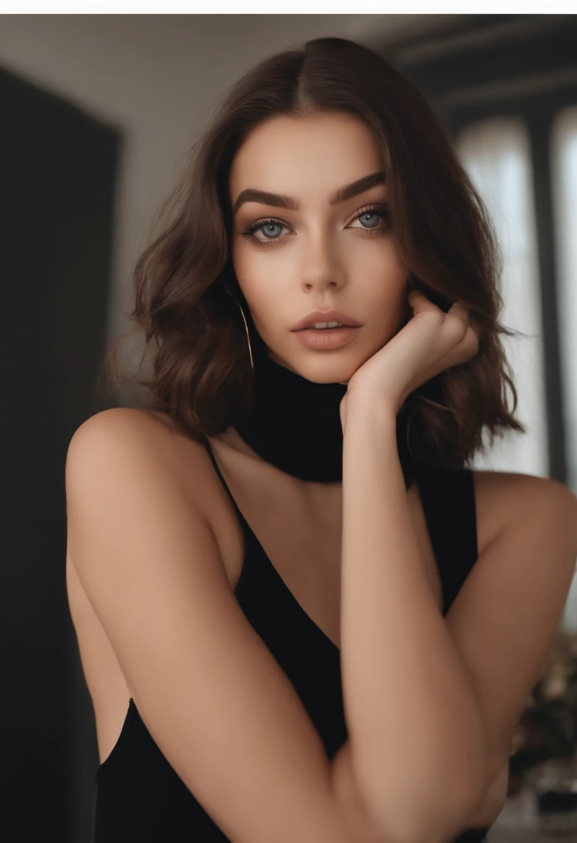 puffy woman wearing black outfit, sexy girl with brown eyes, portrait Sophie Mudd, brown hair and big eyes, selfie of a young woman, bedroom eyes, violet myers, no makeup, natural makeup, looking directly at the viewer, body straight forward , straight head, face with artgram, subtle makeup, stunning full body photo, in the bedroom, cleavage