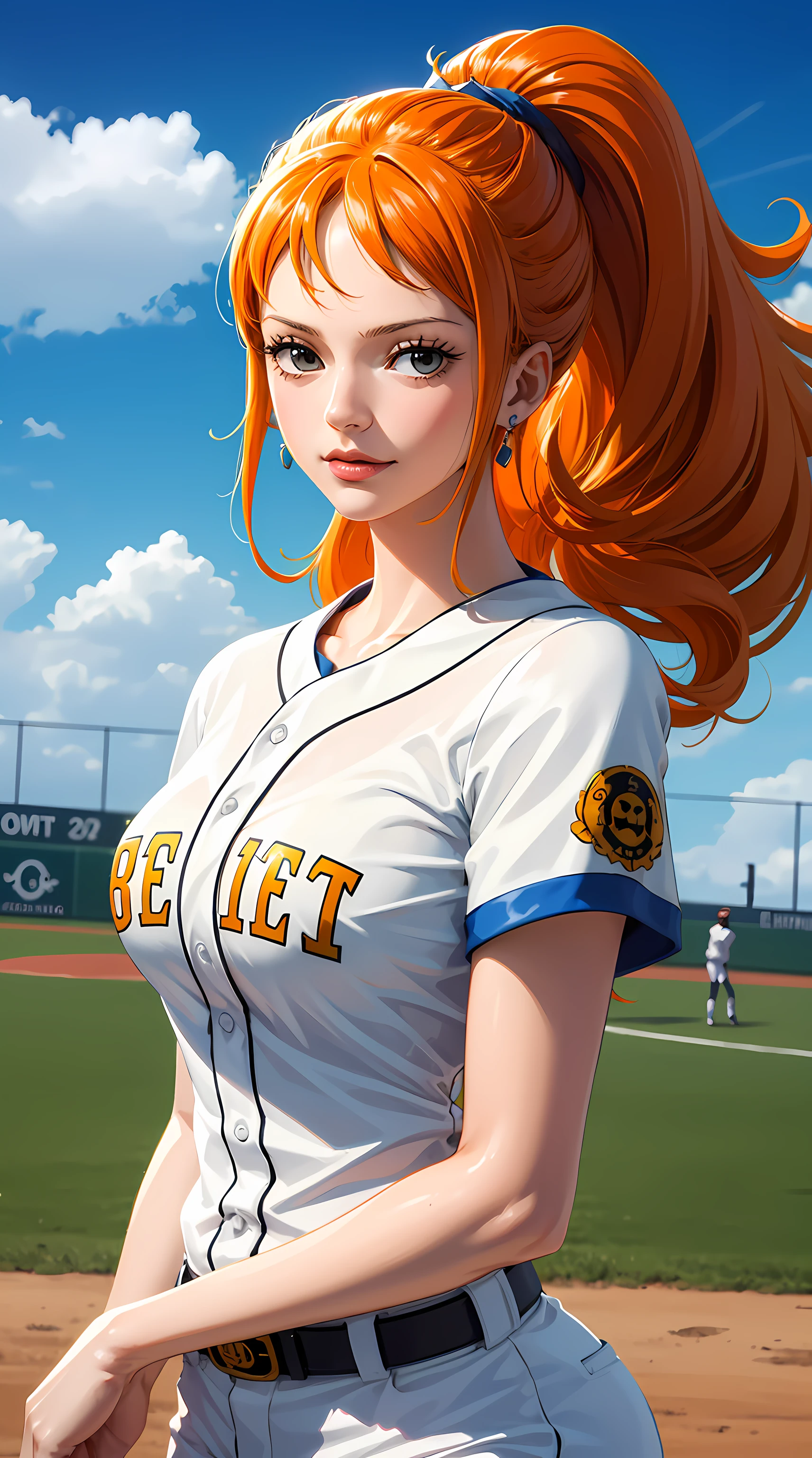 NamiFinal, Nami from the anime One Piece, long hair, orange hair, bangs, ponytail, beautiful, beautiful woman, perfect body, perfect breasts, wearing a white baseball outfit, wearing a baseball cap, on the baseball field, holding a baseball, looking at viewer, slight smile, realism, masterpiece, textured skin, super detail, high detail, high quality, best quality, 1080p, 16k