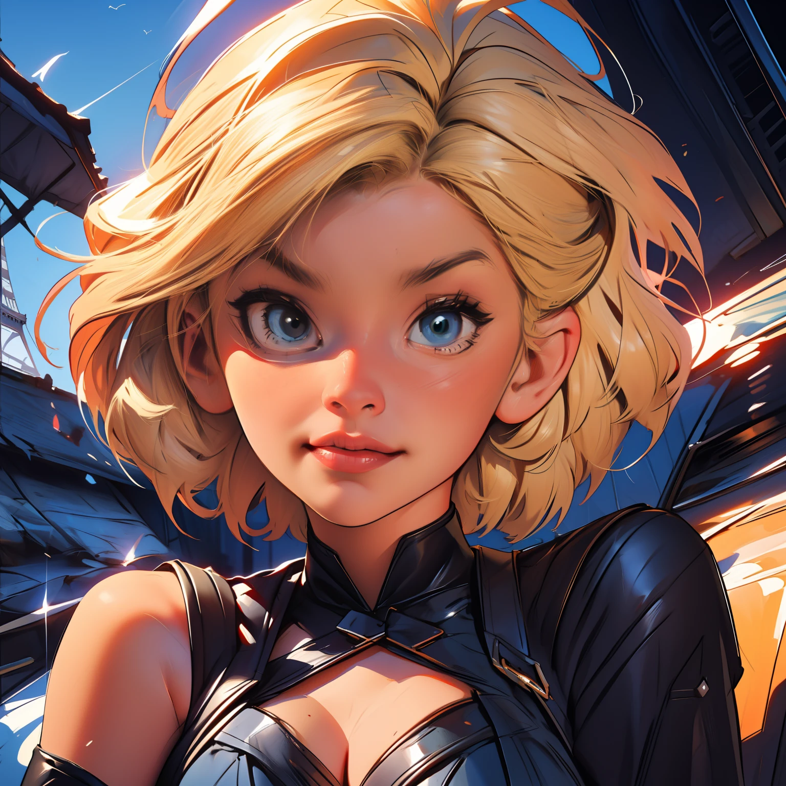 masterpiece, close up, digital paint, (Cute girl, 20 years old, blond short hair, ), at the top of eiffel tower in paris by Jim Lee. 1990s \(style\),