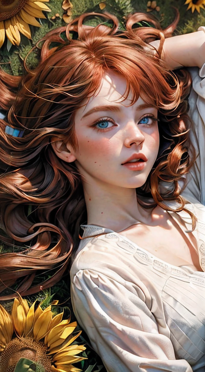 1 mature woman with redhead long wavy hair with bangs (wavy hair) (hair flying on the air) (blue eyes), red princess clothes (red color), (masterpiece), soft sun light, (incredibly colorful), lightning falling on the ground, soft light on her face, (ultra high quality), (8K quality), depth of field, ambient lighting, ((soft detail)), sunflower flower field background (sunflower petals flying on the air), she is laying in the middle of flower field ((laying down pose)) ((looking up while laying)), view from top down, white lighting effects, (realistic: 1.3), (max sharp) (detailed face) (detailed eyes), detailed lighting, perfect shadow, Masterpiece, best picture quality, nature landscape full of delicate leaves, petals of various colors slowly falling in the air, lighting excellent enough, overall picture quality very detailed and realistic, best illustration and best shadow effect.