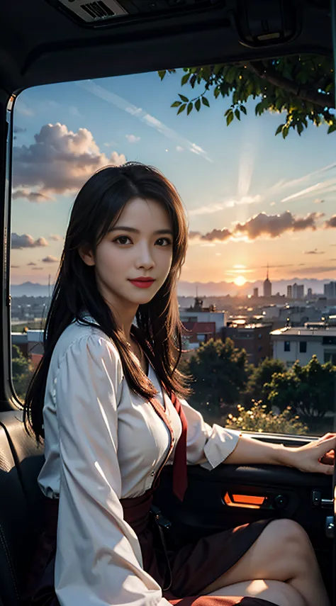 (Photorealistic: 1.4), of the highest quality, Very delicate and beautiful, High resolution, 1girl in,  the setting sun、realisit...