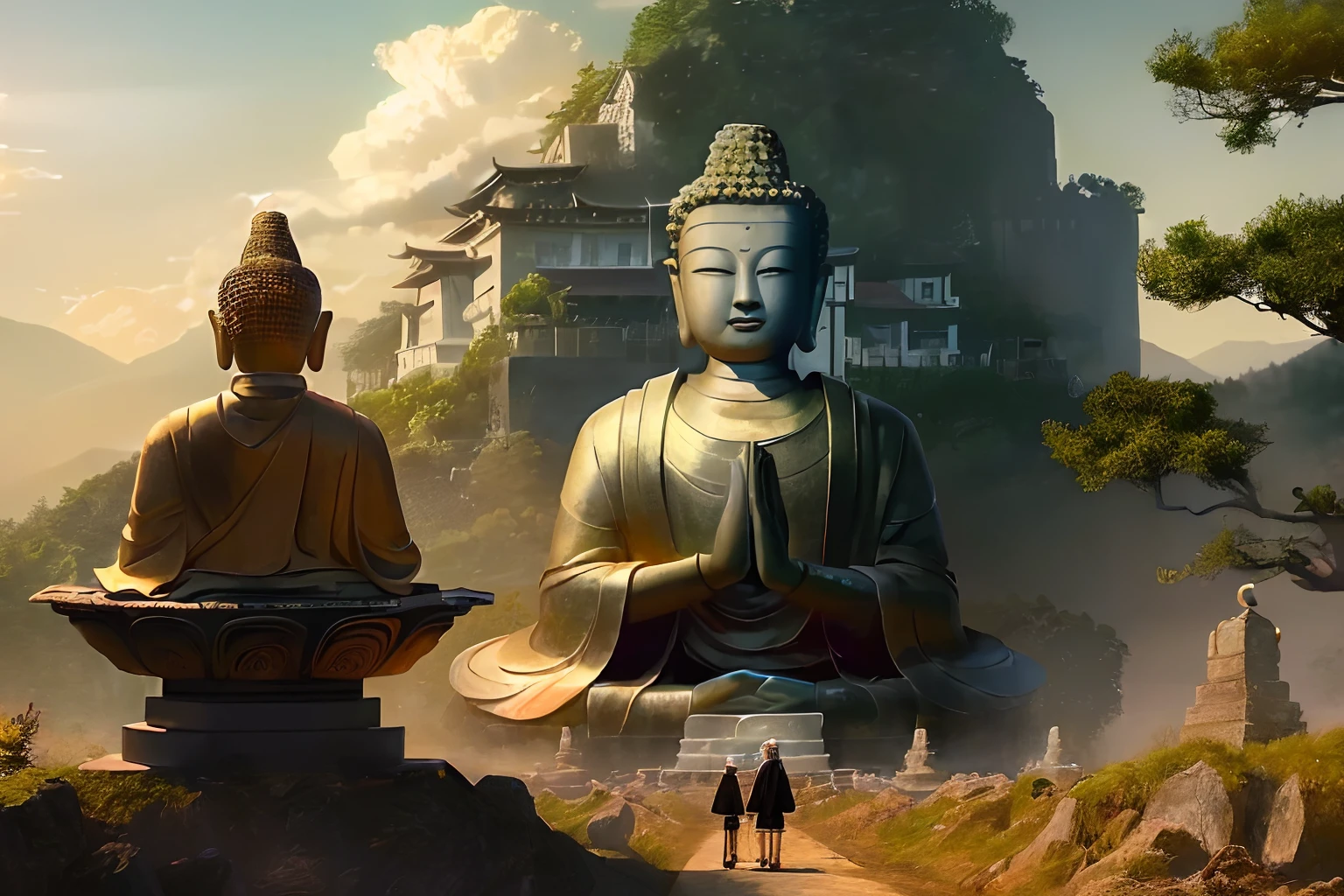 (2 pilgrims on the way:1.5), In the distance is a huge tall Buddha statue in the mountains,Covered in moss, Peaceful face,Stoic face, a Buddhist Buddha, Buddhism, Buddha, Buddhist, The rising sun shines golden in the sky,The holy light shines on the Buddha statue，Zen temple background,Verism, En plein air, Cinematic lighting, stereograms, Masterpiece, hyper HD, Best quality