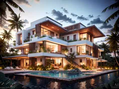 Bohemian House, Luxury beachfront Caribbean luxury villas, Glass open space loft villa with roof garden, modern, Dynamic (RAW ph...