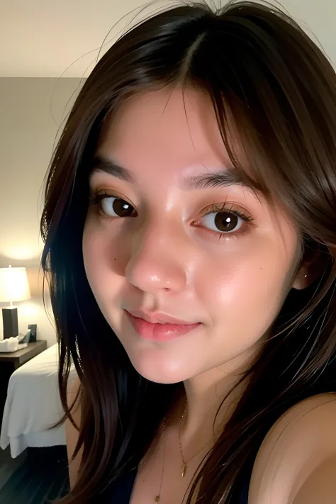 (masterpiece), (pov close up), best quality, masterpiece, (photorealistic:1.2), 1woman, vonzy selfie in bed, on sidepool at night, front view, realistic skin, (round face), curtain fringe messy hair, brown hair, human skin imperfection, blackout lighting