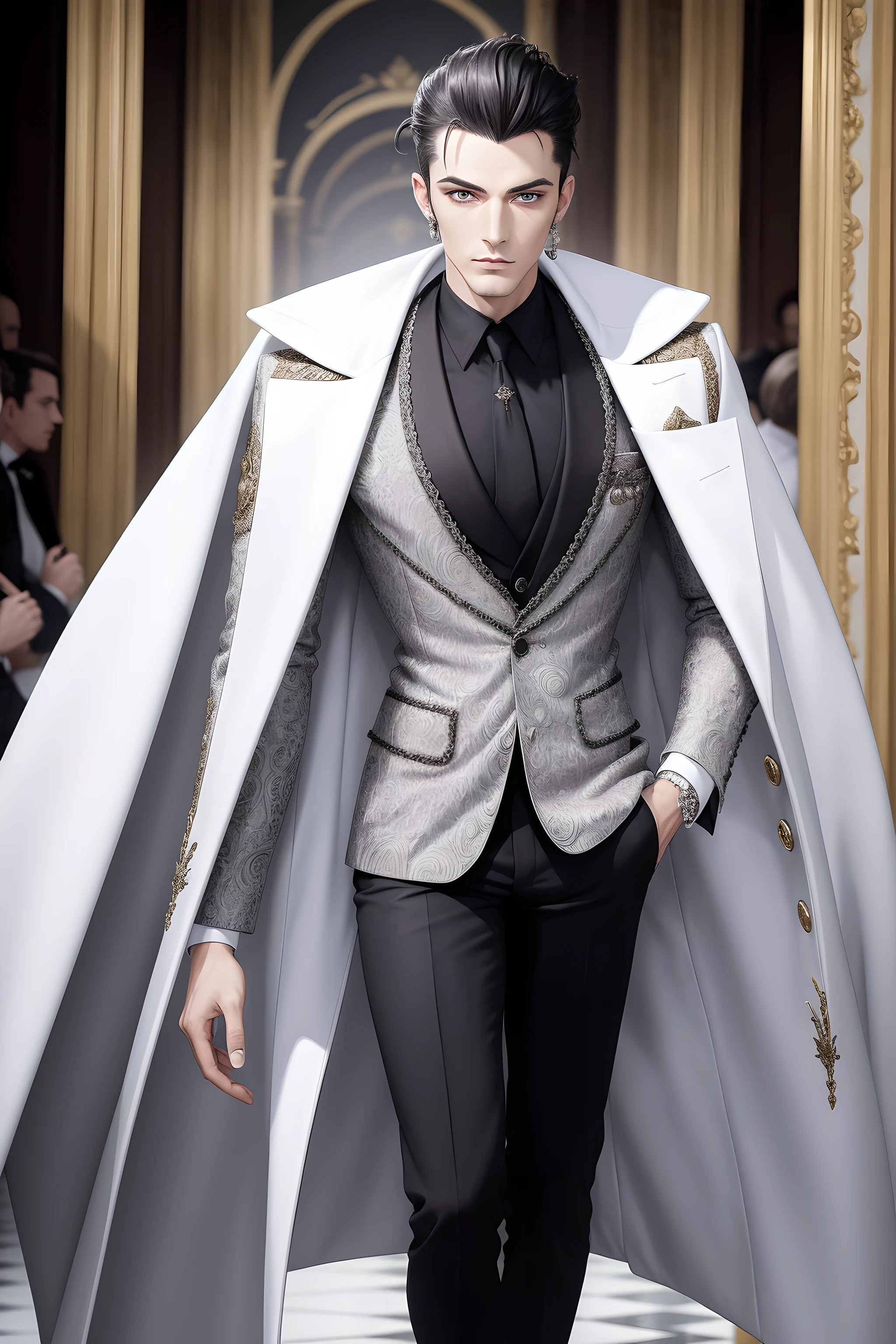 (((chef-d&#39;œuvre))), qualité supérieure, créer une image d&#39;une Cruella de Vi masculine, c&#39;est un homme pimpant, vêtu d&#39;un costume blanc de style gothique à la mode, marchant sur la piste, Textures très détaillées, absurdes, détails complexes, floraison,