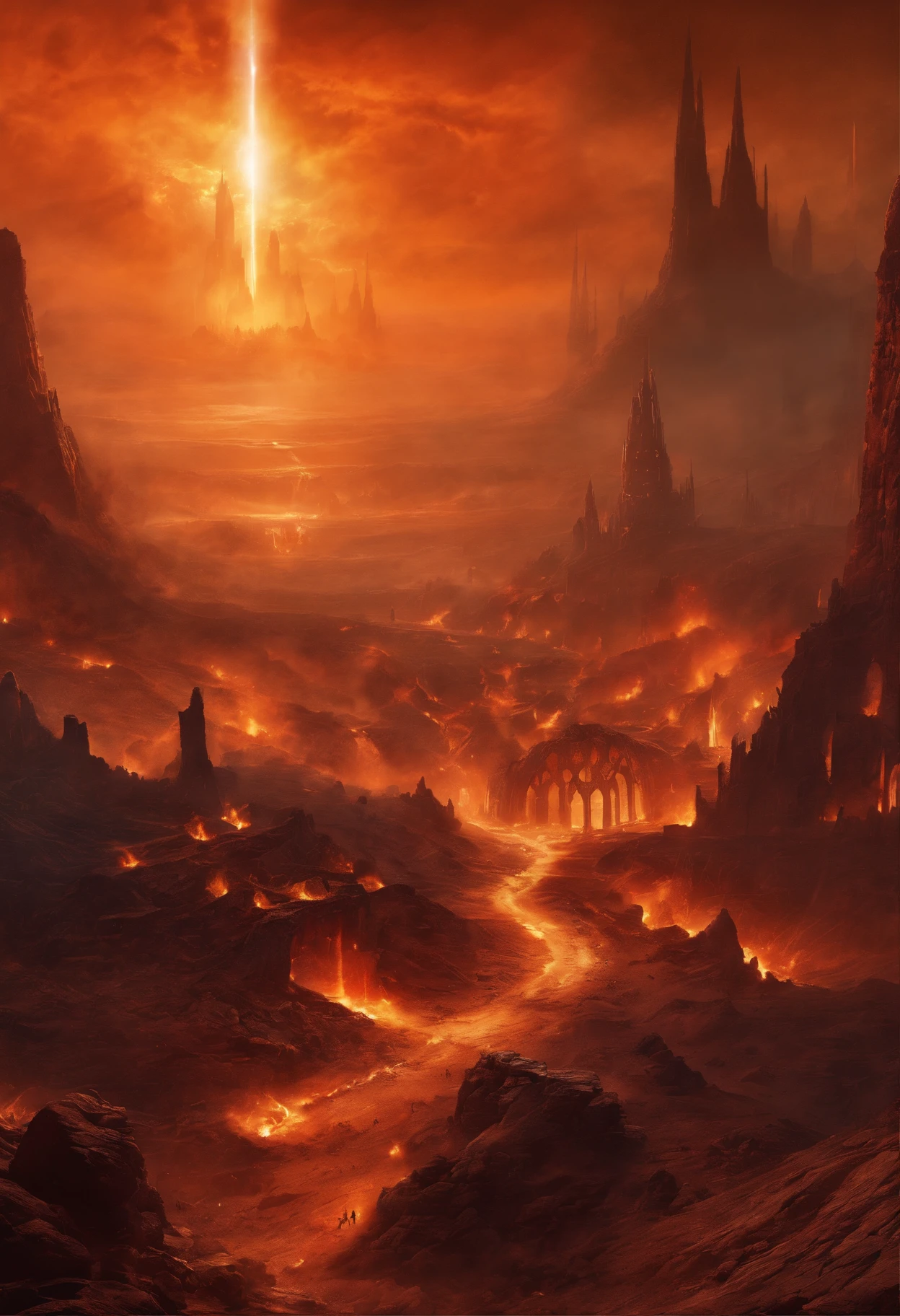 24k,ultra - detailed， Hellscape, The bottom of hell, the final battle in hell, apocalyptic landscape!!!!!, mustafar, Hellish ruins, ! apocalyptic landscape!!, Awesome D & D The Art of the Dark Sun, portal to hell, portal to hell, World of Warcraft art, rescue from the underworld!!!!!!