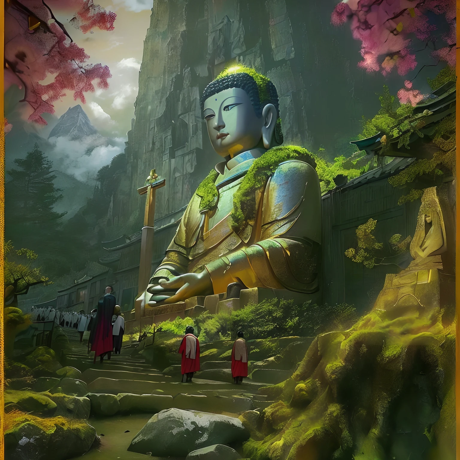 (A group of pilgrims on the way:1.5)，In the distance is a huge tall Buddha statue，with mountains，Covered in moss, Peaceful face, Buddhist,,Detailed unblurred face, Stoic face,photore, The sky shines gold，holy rays，Zen temple background,Verism, En plein air, Cinematic lighting, stereograms, Masterpiece, hyper HD, Best quality