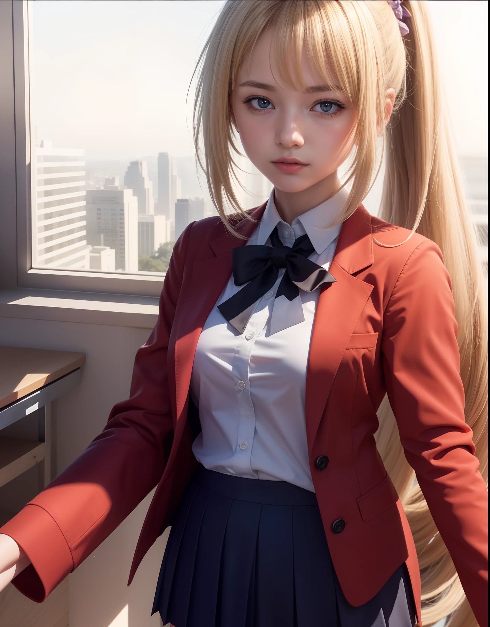 (8k, RAW photos, top quality, masterpiece: 1.2), (realistic, photorealistic: 1.37), (High Quality), (Ultra realistic), (High Details), (Face detail), (Shadow Detail), 1 girl, solo, ((16yo)), school girl, blonde hair, ponytail, light purple eyes, white and red shirt, dark grey skirt, kei karuizawa, candid