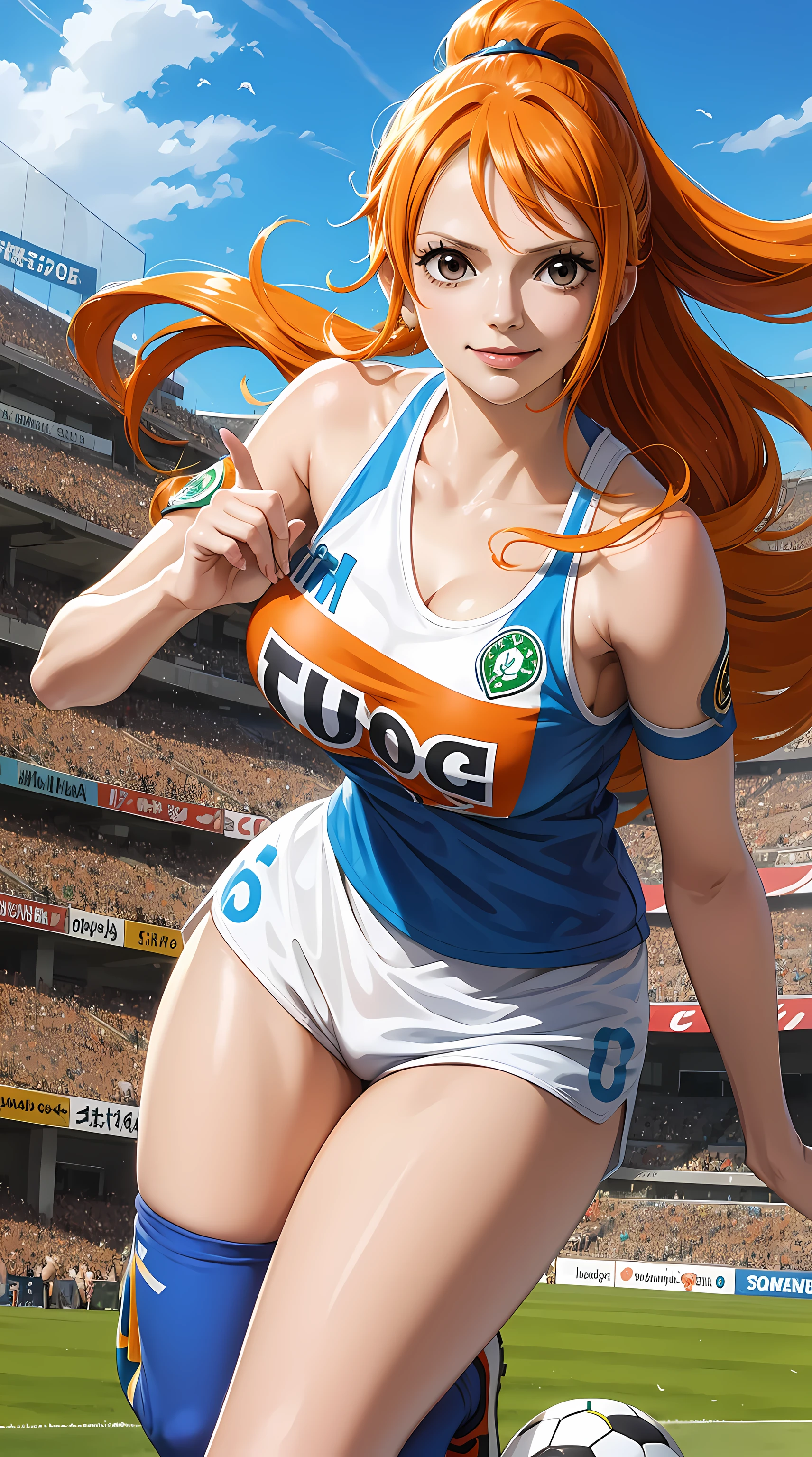 NamiFinal, nami from the anime one piece, long hair, orange hair, bangs, ponytail, beautiful woman, beautiful, perfect body, perfect breasts, wearing a soccer jersey, soccer pants, soccer shoes, in the middle of the soccer field, look at the audience, little smile, realism, masterpiece, textured skin, super detailed, high detail, high quality, best quality, 1080p, 16k