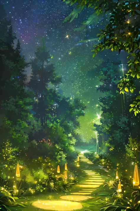 sparkling fireflies in an enchanted maze, followed by magical snails,highest quantity fireflies and snails,beautiful glowing fir...
