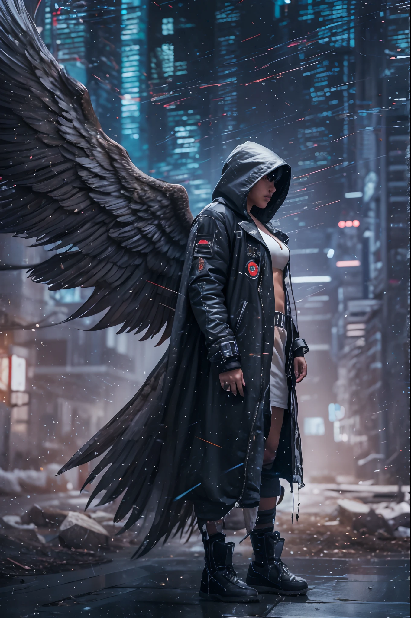 Create an ultra-wide photo of an angel wearing a cyberpunk-style coat and hood, against an abstract post-apocalyptic background. The overall style of the image should be minimalist with an Artgem touch. The angel should be rendered in a warrior and angelic style with a focus on creating a sense of hope and reconstruction. The cyberpunk coat and hood should be rendered in high detail, with a focus on capturing the texture and style of the clothing. Huge wings. The background of the image should have an abstract design, with a focus on creating a sense of depth and contrast with the foreground. The image should be rendered in wide format, with a focus on creating a sense of scale and drama in the scene.perfecteyes,
edg90hh