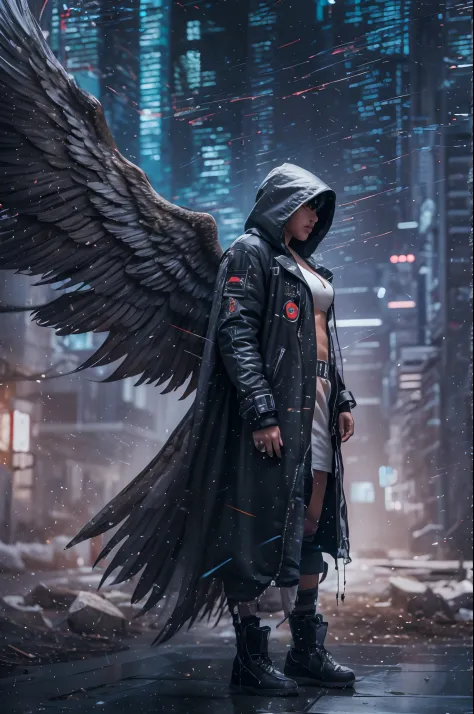 Create an ultra-wide photo of an angel wearing a cyberpunk-style coat and hood, against an abstract post-apocalyptic background....
