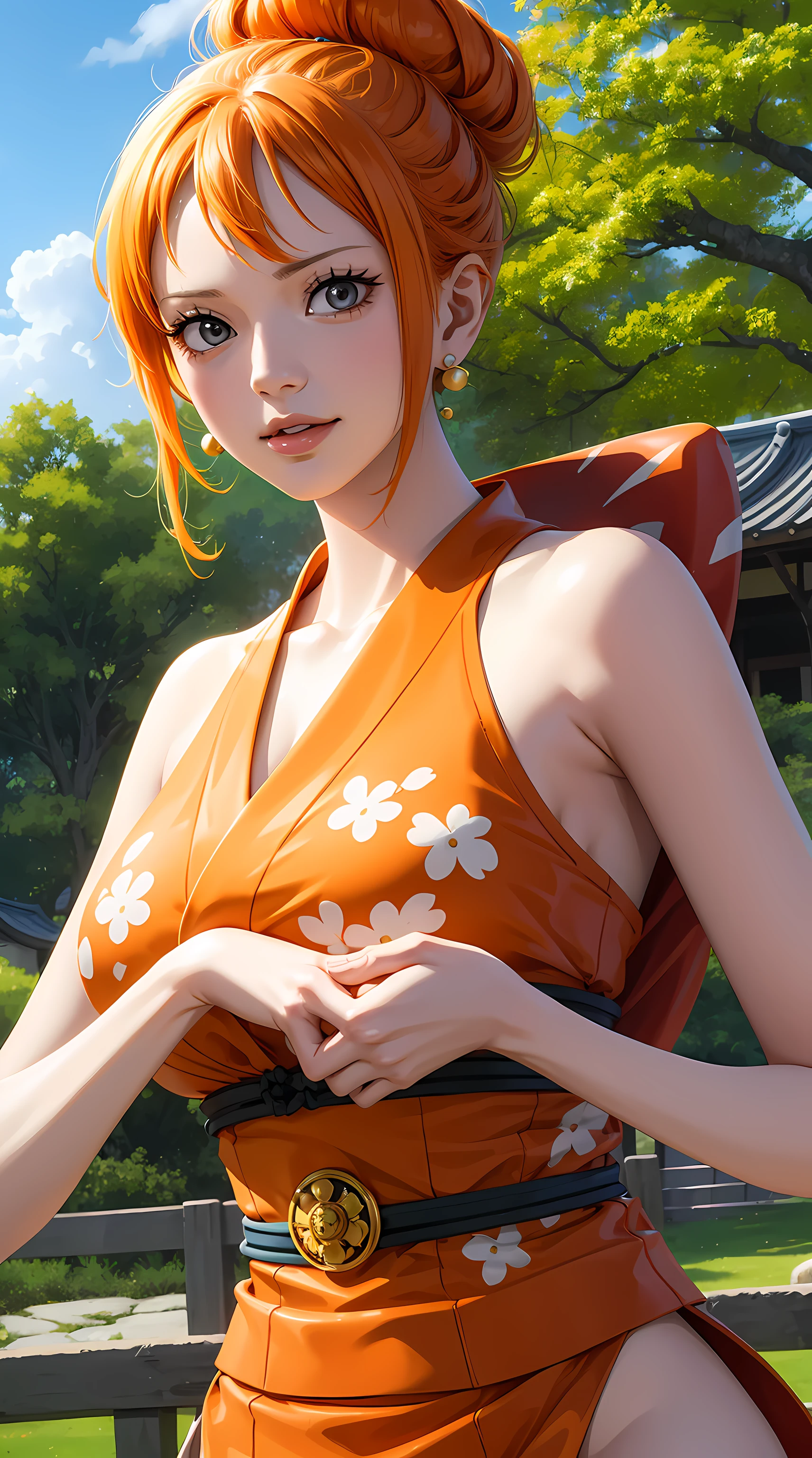 NamiFinal, Nami from the anime One Piece, orange hair, bangs, hair in a bun, beautiful, beautiful woman, perfect body, perfect breasts, wearing a kimono, wearing earrings, wearing a watch, in the park, cherry tree, traditional house japan, looking at viewer, slight smile, realism, masterpiece, textured leather, super detail, high detail, high quality, best quality, 1080p, 16k