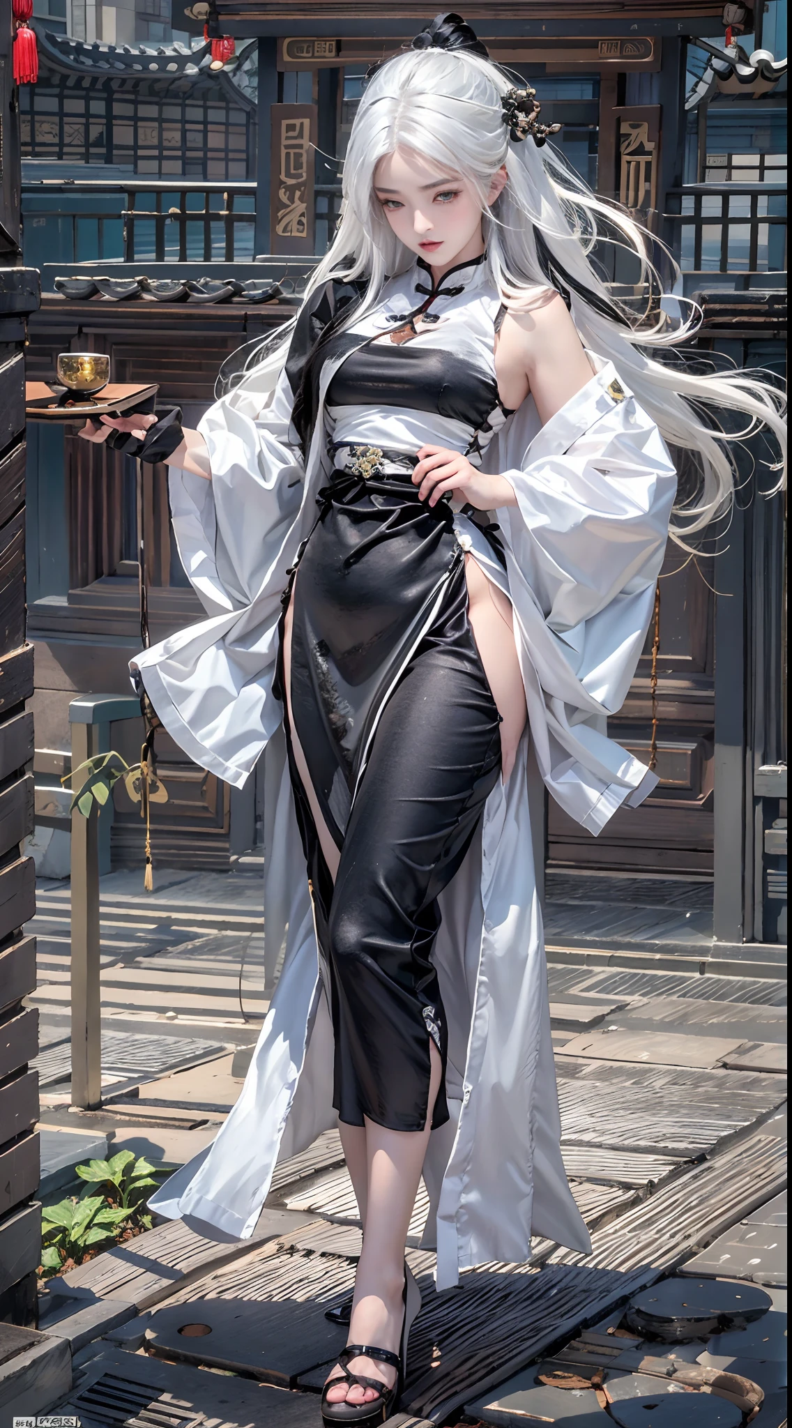 Best quality, masterpiece, high resolution, (perfect body shape), 1girl, detailed face, white hair, thick waist, thick thighs, black chinese clothes,