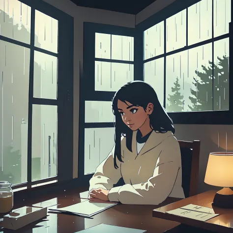 girl, rain, cozy home, window, working