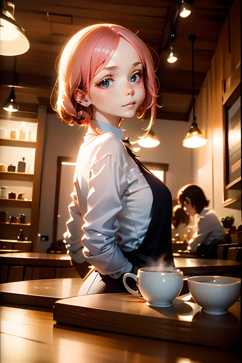 (masutepiece), Best Quality, Ultra-detailed,girl with,White Business Shirt、bionde、small nose、blurry backround、Quaint coffee shop...