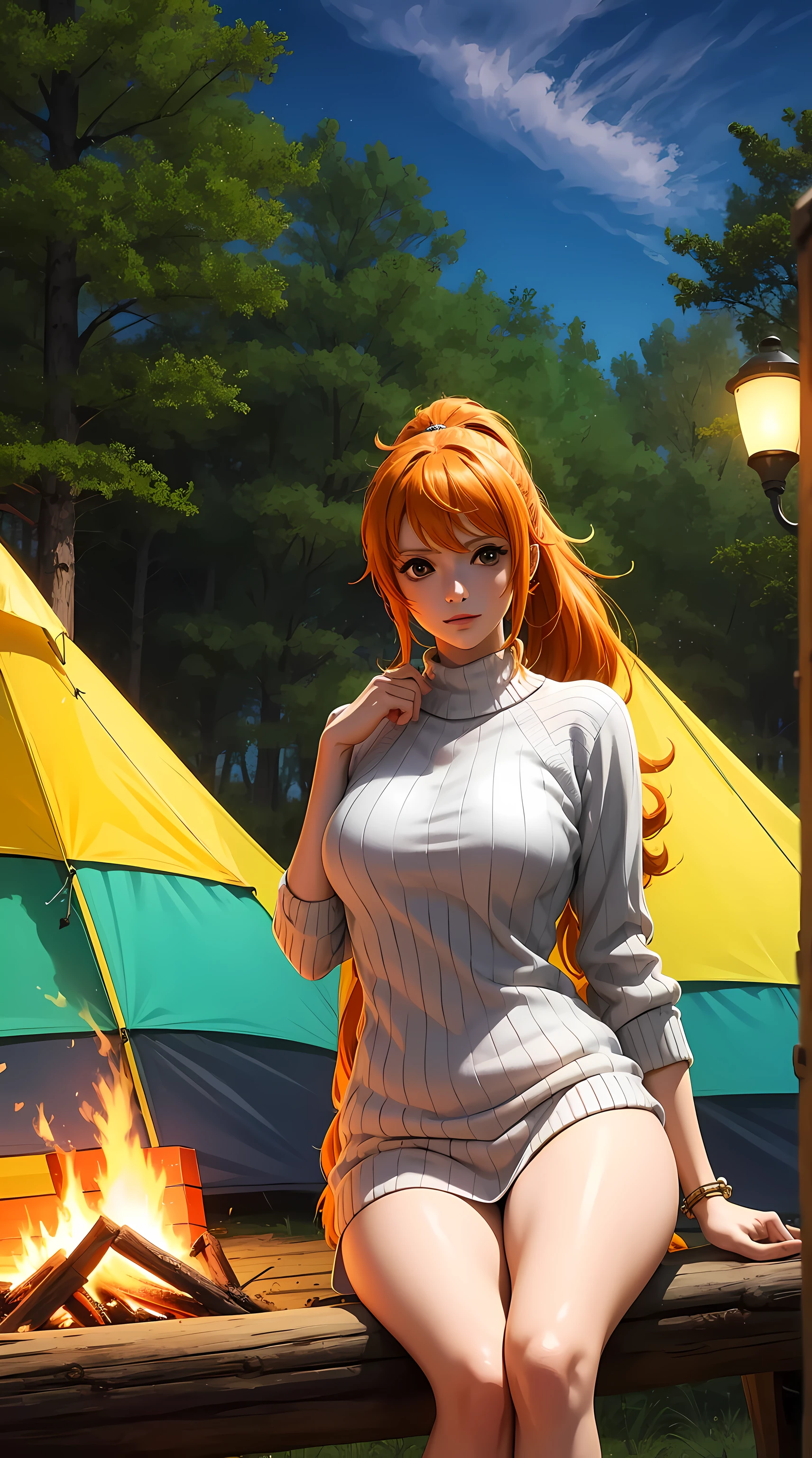 NamiFinal, nami from the anime one piece, long hair, orange hair, bangs, ponytail, ponytail, sitting on a log, beautiful, beautiful woman, perfect body, perfect breasts, wearing a sweater, in the forest, camping, tent camp, trees, night, nighttime, campfire, looking at viewer, slight smile, realism, masterpiece, textured skin, super detail, high detail, high quality, best quality, 1080p, 16k