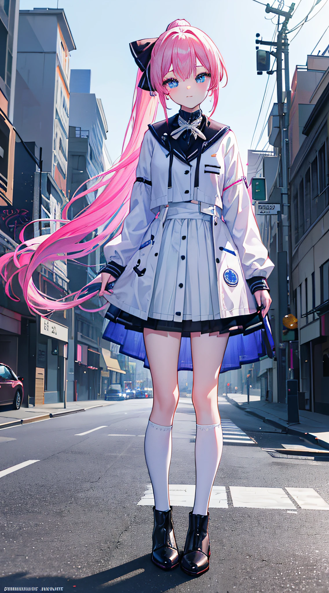 (best quality,4k,high resolution,masterpiece:1.2),ultra-detailed,a girl with vibrant pink hair and blue eyes,tied up in a lively ponytail,standing on the roadside,beautiful detailed eyes sparkling with excitement,long pigtails, dressed in a white suit, black short cloak, blue ankle boots, and white socks