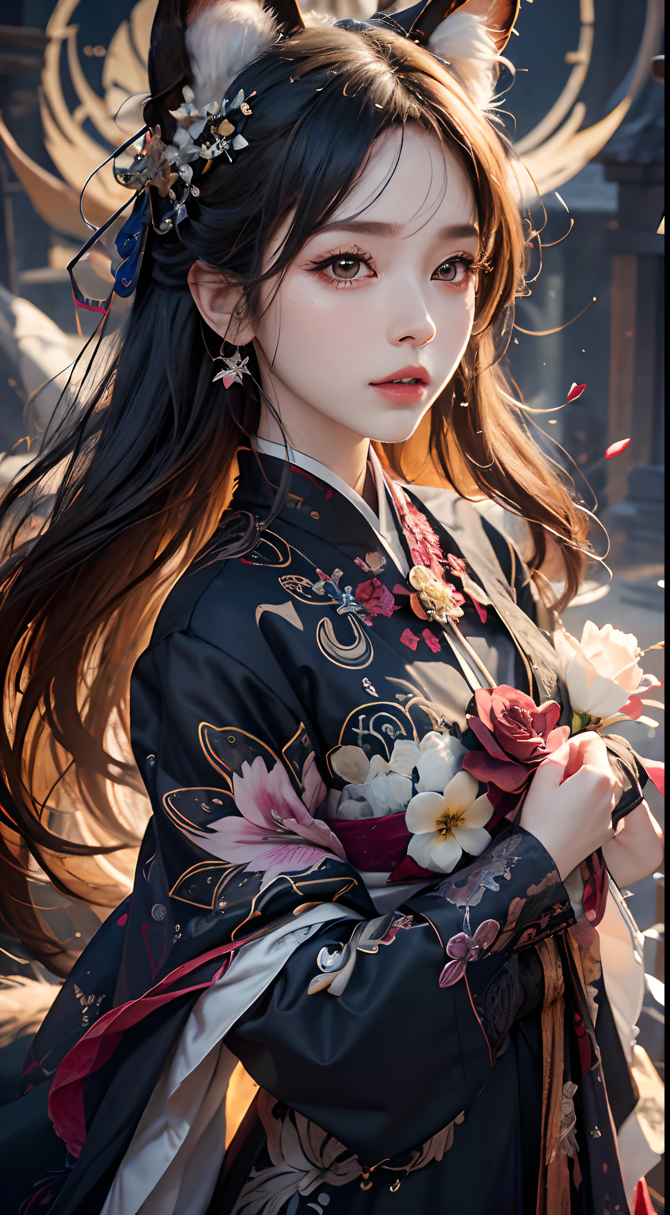 1girll, Solo, offcial art, Unity 8k wallpaper, Ultra detailed, Beautiful and aesthetic, Masterpiece, Best quality, Photorealistic, (abstract backgrounds:1.5) (zentangle, mandalas, Tangled, entangle:0.7) Kitsune witch, kitsune mask, Haori jacket, Foxfire spell, The fox is familiar, Transformation, Depth of field, Fantastical Atmosphere, The most beautiful form of chaos, elegant, Dark theme of Fauvist design, Flower of Death, ecstasy of flower,