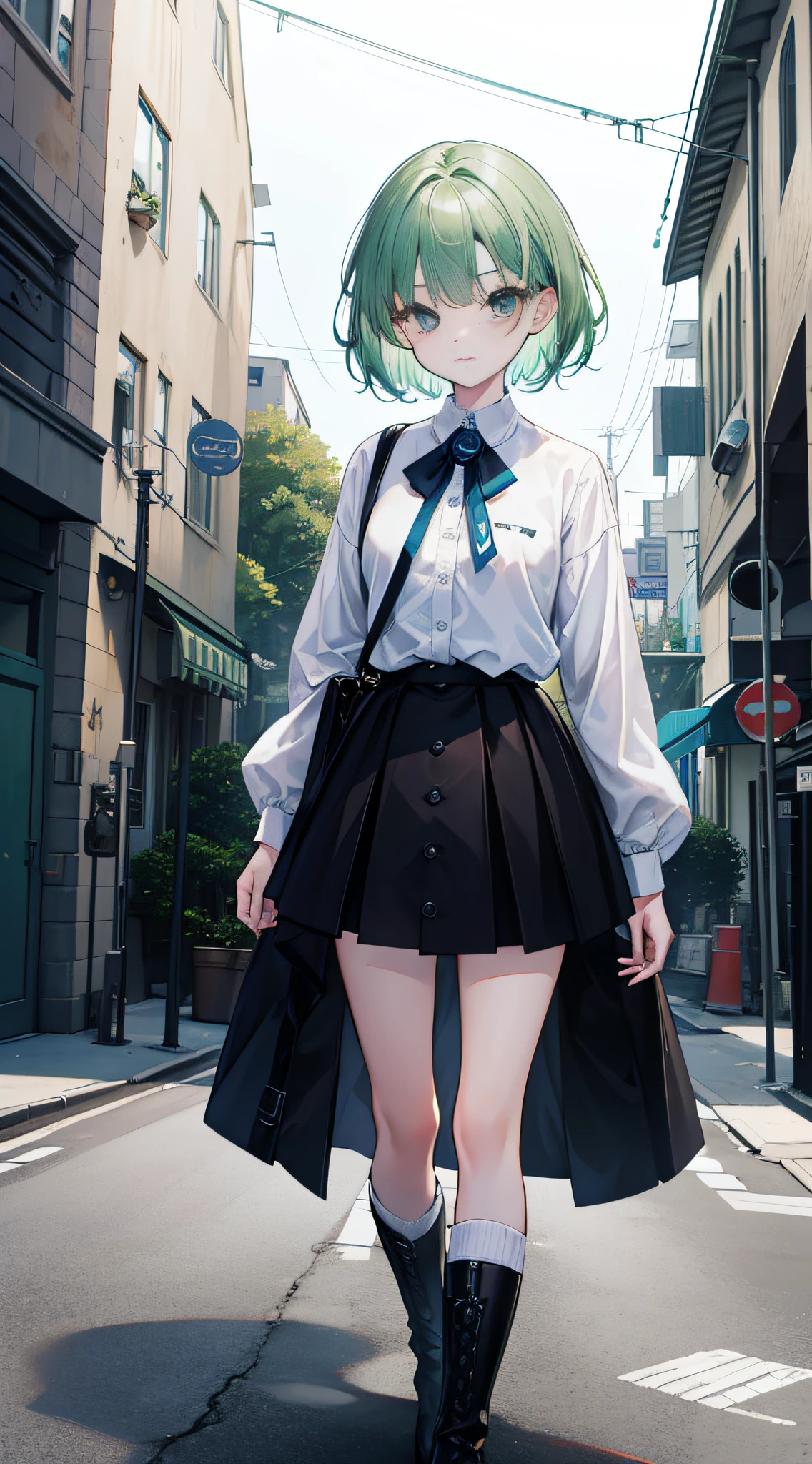 A girl with short hair, Black eyes, and messy light green hair. Her expression was gentle，A surprised expression appeared on his face. She is ，Young appearance. She wore a white shirt and blue and white boots. The artwork is of the best quality, 4K or 8K resolution, Considered a masterpiece. The girl's facial features are rich in detail, And the scene is panorama, Capture the essence of the moment.