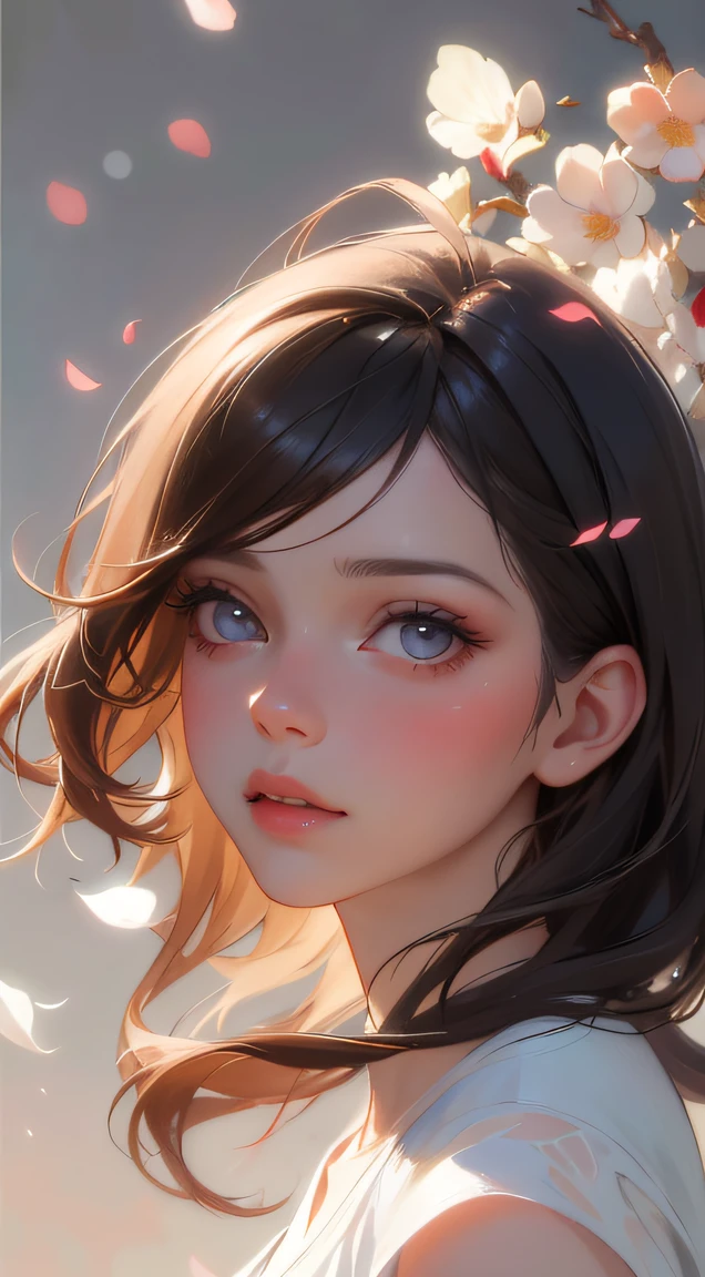 (best quality, masterpiece:1.2, ultra-realistic), 1 beautiful and delicate portrait of a girl, Playful and cute, with floating petals in the background, oil painting, extremely detailed eyes and face, long eyelashes