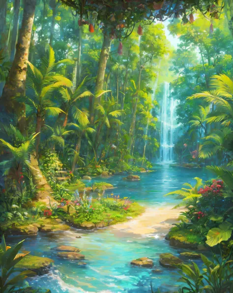 (highres:1.1), best quality, (masterpiece:1.2), vibrant colors, digital painting, jungle, water, natural beauty, peaceful oasis