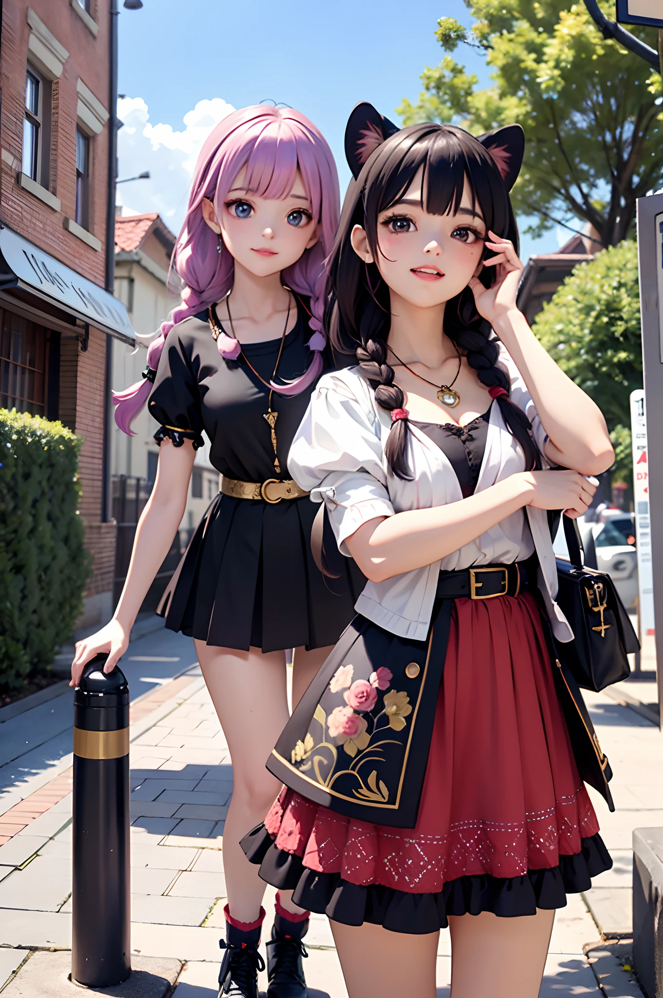 mejor calidad, obra maestra, extremadamente detallado, Alta resolución, 4k, Ultra Alta resolución, sombras detalladas, Luz y sombra perfectas,dúo, Dos chicas con ropa elegante tomándose selfies en la calle, Trenzas coloridas, Juego de rol de anime, Estilo Anime Mixto Fujifilm, lindo, grande Laugh, grande, Sexy,(alebrijes art style),pureerosface_v1,ulzzang-6500-v1.1,ropa fantástica,ojos de princesa pupilas redondas,collares fantásticos,cintas fantásticas,anillos fantásticos,joyas fantásticas,fantástico adorno para el cabello,cinturón fantástico,Luz de estudio,