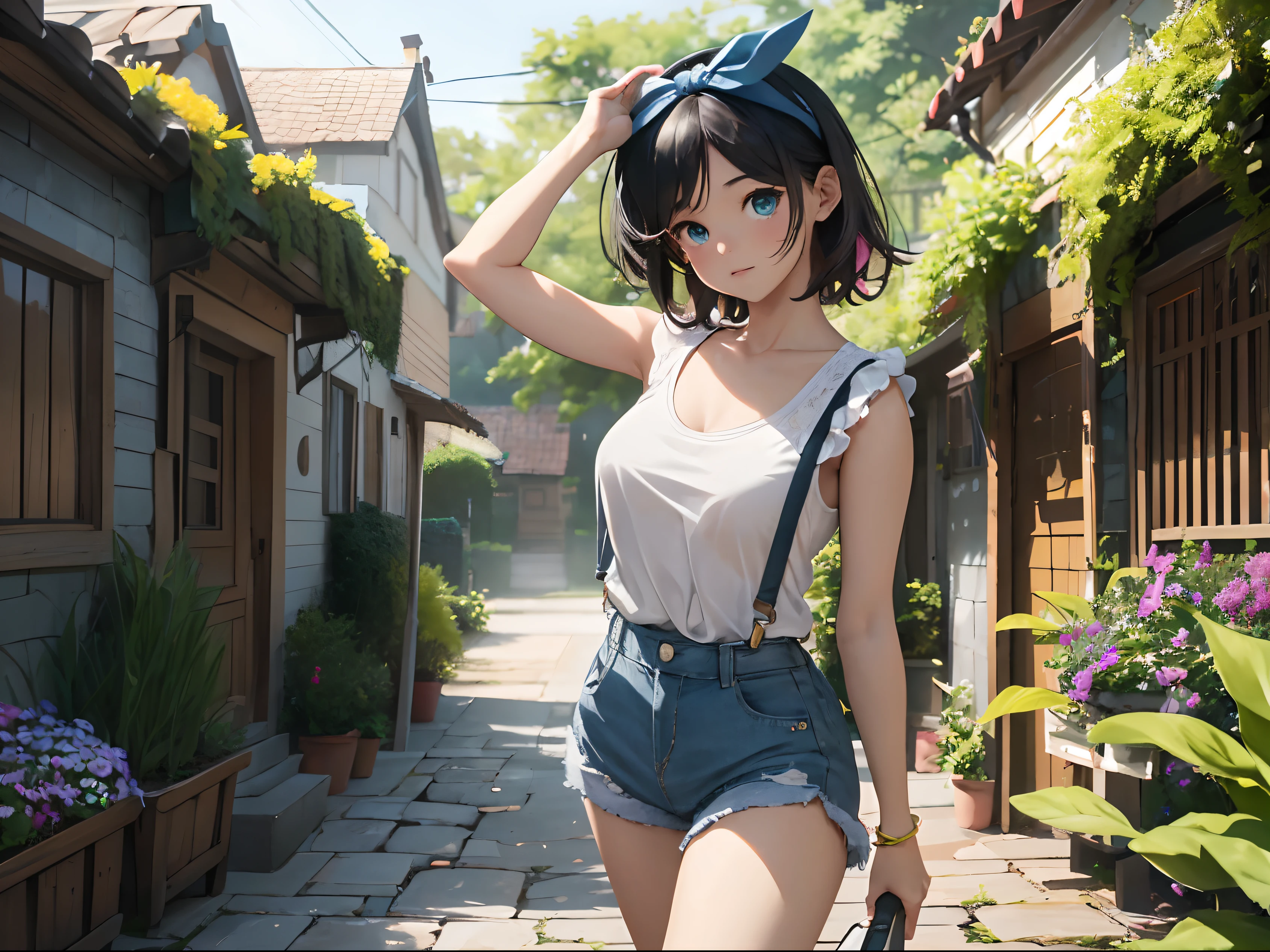 (best quality,4k,8k,highres,masterpiece:1.2),ultra-detailed,(realistic,photorealistic,photo-realistic:1.37),Denim shorts,white sneakers,white tank top,black hair,(beautiful,detailed:1.1) teal eyes,(long, curly:1.1) black hairband, (fresh-faced, radiant:1.1) girl, (playfully, carefree:1.1) The (bright, natural:1.1) sunlight (illuminates, filters through:1.1) the scene, casting (soft, gentle:1.1) shadows on the girl's (joyful, (youthful, radiant:1.1) face).

The girl's (big, expressive:1.1) teal eyes stand out against her (flawless, smooth:1.1) skin, which has a (subtle, natural:1.1) glow. Her (lush, voluminous:1.1) black hair is styled neatly, with a (loose, effortless:1.1) curl framing her face. 

She is wearing a pair of (stylish, fashionable:1.1) denim shorts that fit her perfectly, paired with (clean, pristine:1.1) white sneakers. Her choice of a (simple, elegant:1.1) white tank top complements the casual and playful vibe of the outfit. A (stylish, trendy:1.1) black hairband holds her hair in place, adding a touch of charm to her overall look.

The garden around her is bursting with life and color. The (delicate, vibrant:1.1) flowers in shades of pink, yellow, and purple create a stunning backdrop. 

In this high-quality artwork, every detail is meticulously crafted to capture the essence of the girl and her surroundings. The realistic rendering showcases the girl's beauty and radiance, highlighting the vibrant colors and textures of the garden.

With its vivid colors, sharp focus, and fine detail description, this masterpiece depicts a youthful girl in denim shorts, white sneakers, and a white tank top, radiating joy and carefree spirit in a vibrant garden surrounded by blooming flowers and lush greenery. The photorealistic depiction of the girl's teal eyes and black hair enhances the overall realism of the image.

The lighting in the scene perfectly captures the natural sunlight, creating soft and gentle shadows that accentuate the girl's features. The
