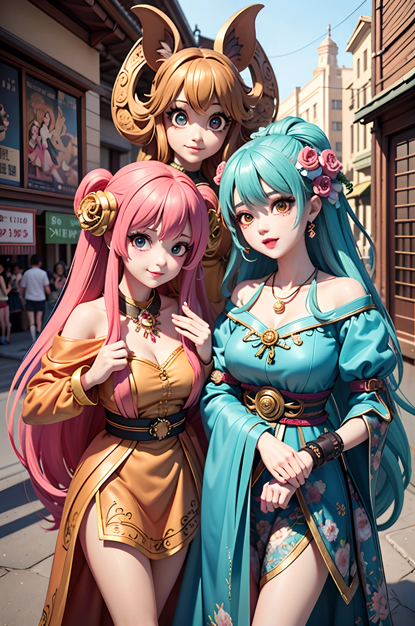 Best Quality, Masterpiece, Extremely Detailed, High Resolution, 4K, Ultra High Resolution, Detailed Shadows, Perfect Light and Shadow,duo, Two Girls in Stylish Clothes Taking Selfies on the Street, fantastical cityscape,Colorful Braids, Anime Role Play, Anime Style Mixed Fujifilm, Cute, Big Laugh, Big, Sexy,(alebrijes art style),pureerosface_v1,ulzzang-6500-v1.1,fantastical clothing,princess eyes round pupils,fantastical necklaces,fantastical ribbons,fantastical rings,fantastical jewelry,fantastical hair ornament,fantastical belt,studio light,